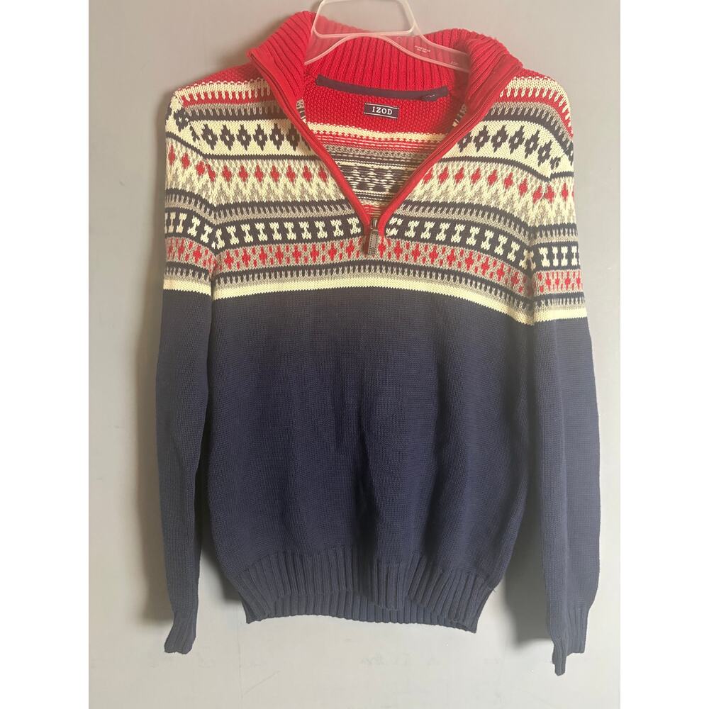 IZOD Red White Navy Fair Isle Half Zip Sweater Size  S
